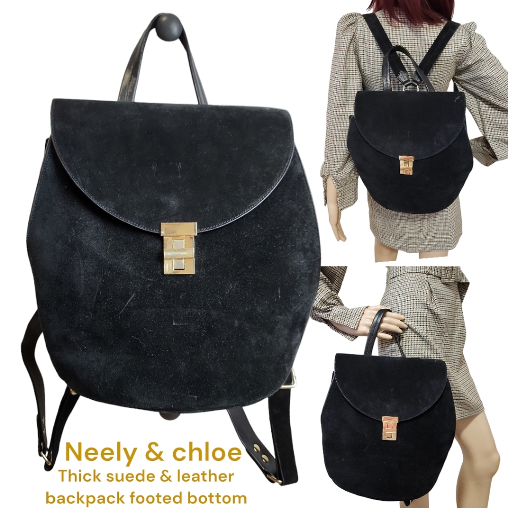Neely & Chloe Black thick suede & leather backpack golden hardware footed bottom
